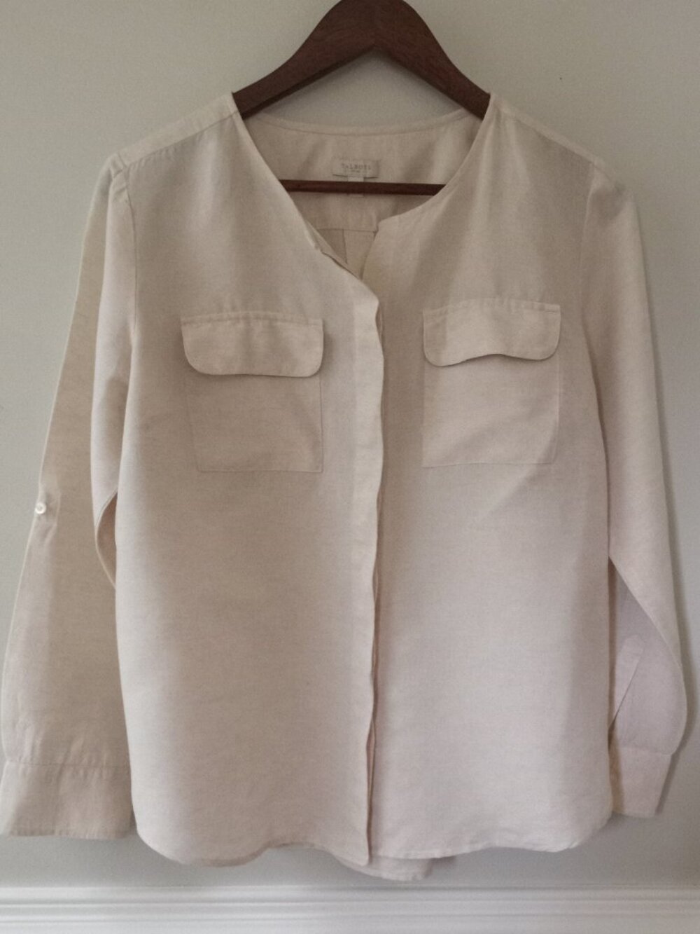 'Talbots Petites' Size SP Roll tab Linen blend collarless shirt with pockets EUC